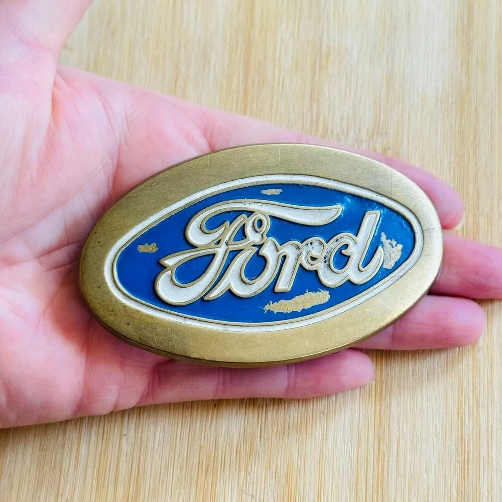 Vintage 1979 Ford motors Baron solid Brass Buckle Blue enamel oval chunky 70s
